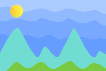 Landscape with mountains and sun. Vector illustration in flat style.