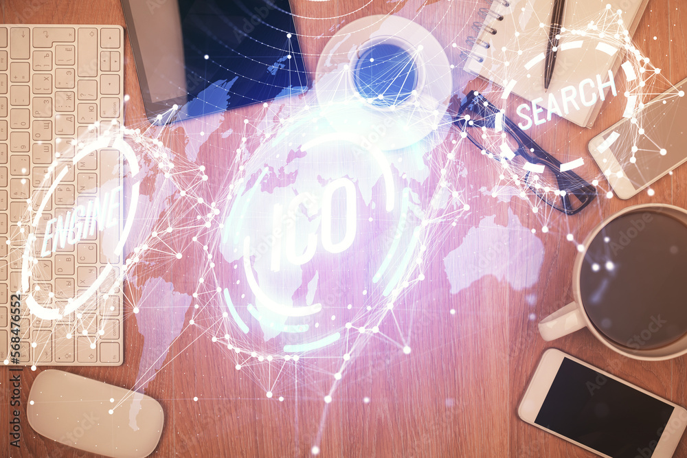 Poster Double exposure of blockchain theme hologram over table with phone. Top view. Crypto technology concept.