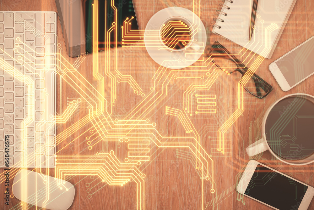 Poster multi exposure of technology theme drawing over table with phone. top view. concept of hightech.