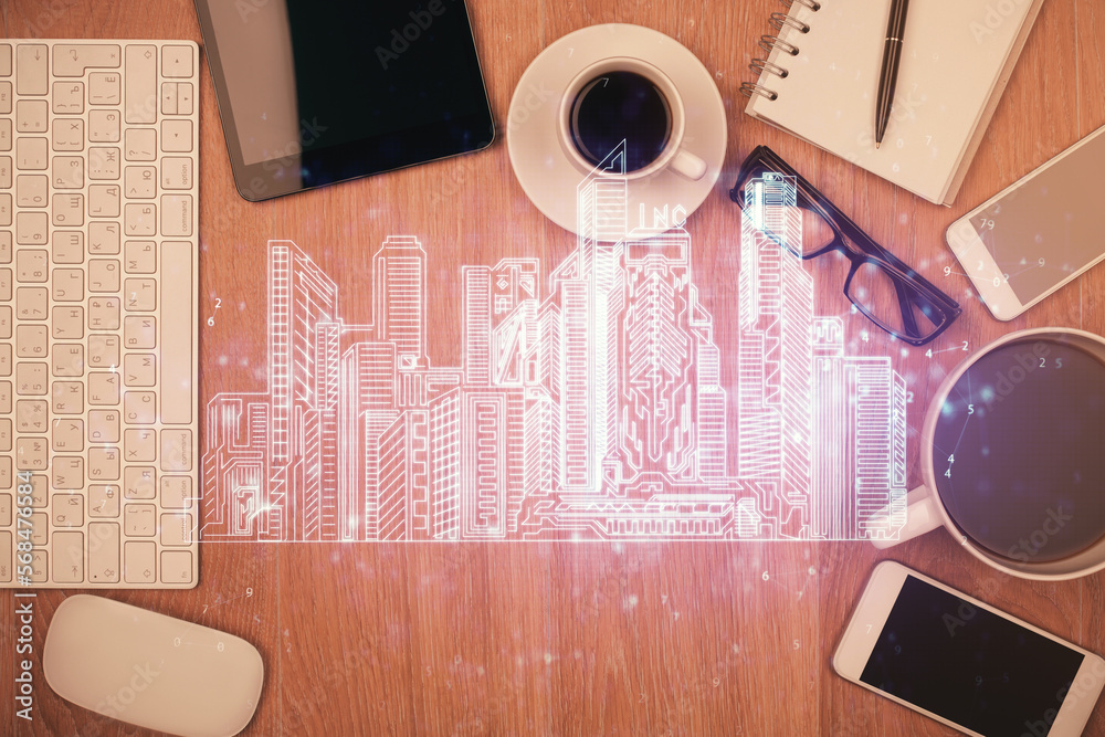 Poster multi exposure of smart city technology drawing over table with phone. top view.