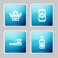 Set line Marijuana or cannabis leaf, Mobile and marijuana, Smoking pipe and olive oil icon. Vector