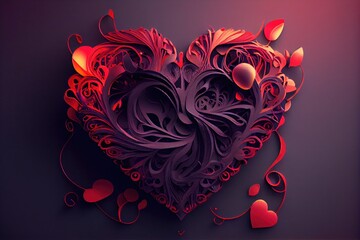 Heart with floral pattern ornament on background. Valentines Day, also called Saint Valentine Day art 3d illustration. Generative AI