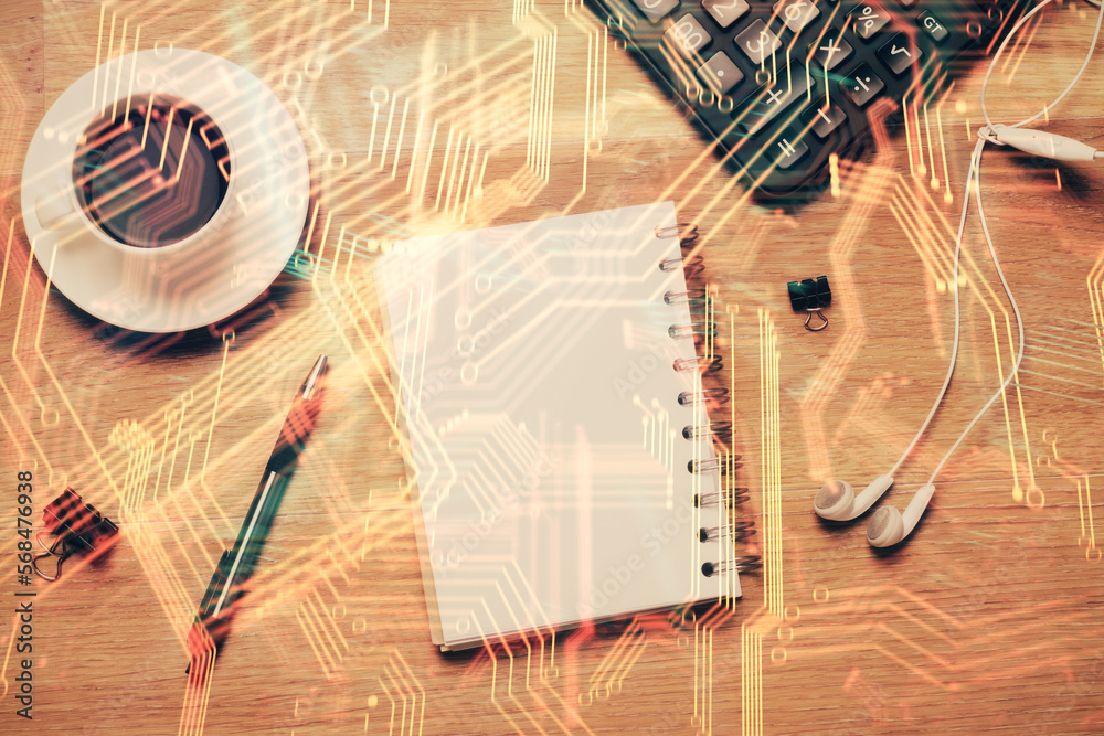 Poster double exposure of technology drawing and work table top veiw. concept of hightech.