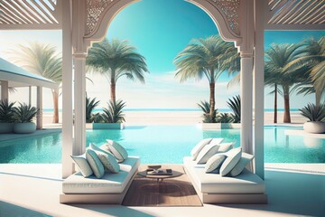 Tropical summer beach lounge with palm trees swimming pool. Luxury resort design. Generative AI