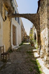 Historical street view in clear weather in spring, Old Town of Rhodes, Greece.