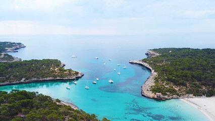 sea ​​island landscape yacht white sand ocean water summer beach blue bay Mallorca Spain balearic 