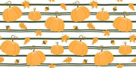 Ripe pumpkins, acorns, maple and oak leaves on a striped background. Endless texture with seasonal vegetable. Vector seamless pattern for country fair, farm market, food store, autumn festival, print