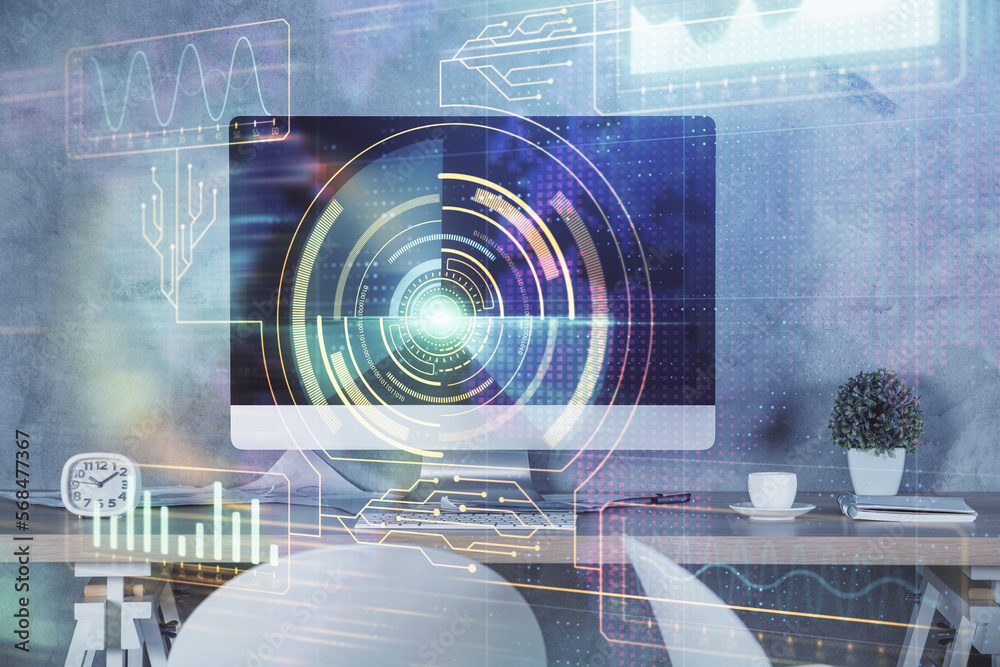 Poster multi exposure of data theme drawing and office interior background. concept of technology.