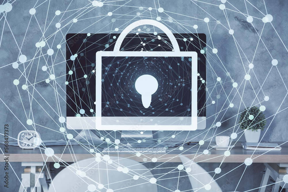 Poster multi exposure of lock drawing and office interior background. concept of data security.
