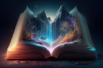 Generative AI illustration of book of knowledge, universe, fantasy epic atmosphere, beautiful visual effects. Knowledge open new world.