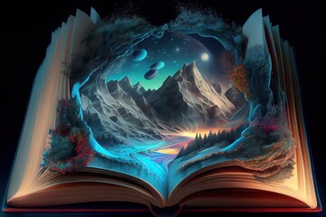 Generative AI illustration of book of knowledge, universe, fantasy epic atmosphere, beautiful visual effects. Knowledge open new world.