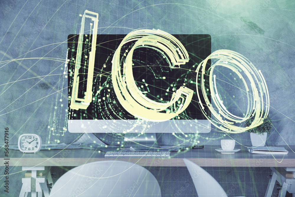 Poster double exposure of crypto technology theme drawing and office interior background. concept of blockc