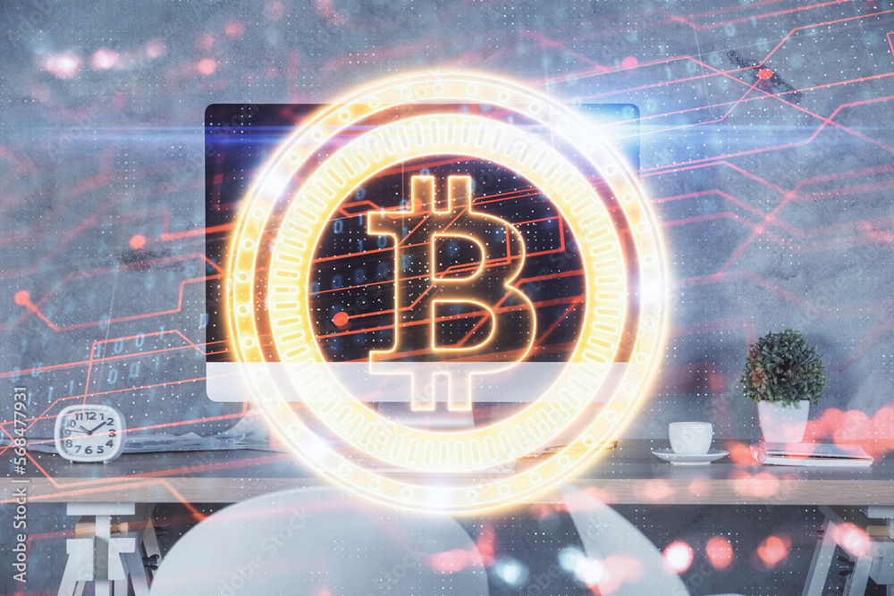 Poster double exposure of crypto technology theme drawing and office interior background. concept of blockc