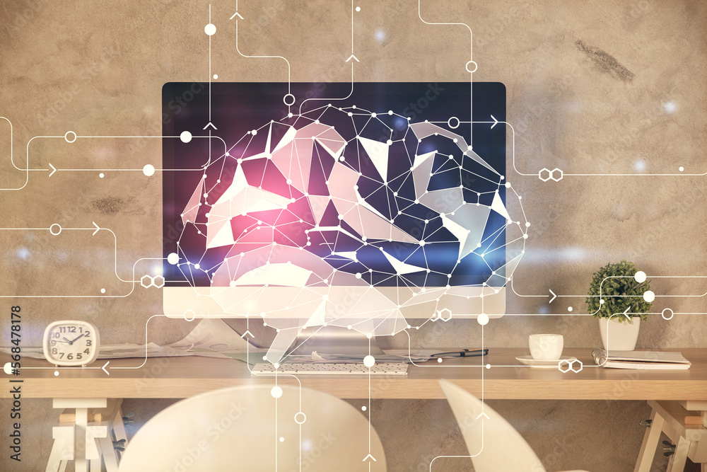 Poster multi exposure of brain drawing and office interior background. concept of data technology.