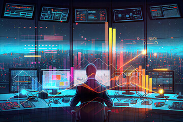 Generative AI illustration of billionaire businessman data analyst in his futuristic control center, lots of monitors with statistical plots, economic graphs, charts, crypto data, glass windows