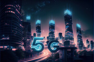 Generative AI illustration of futuristic city at night, 5G internet network wireless systems and internet of things, smart city and communication network concept.