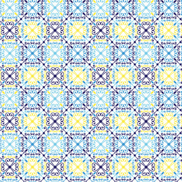Blue tile pattern. Seamless ornament. Hand drawn curve and floral mosaic. Mediterranean or arabic ceramic. Print for textile, wrapping paper, wallpaper design. Oriental decor vector illustration