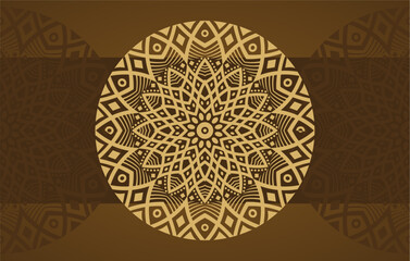 Luxury geometric gold gradient dark brown mandala background. Design for any card, birthday, other holiday, kaleidoscope, yoga, india, folk, arabic. Indian pattern wallpaper.