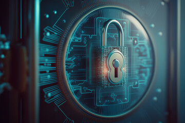 Cyber security concept and digital data protection with a locker in a blue background created with a generative ai technology