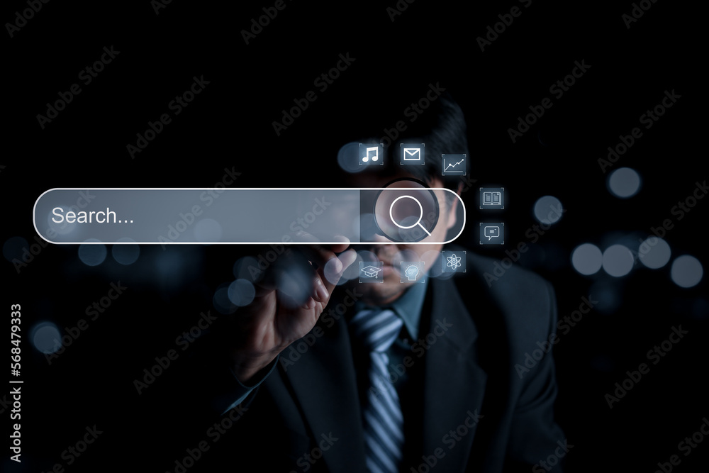 Poster data search technology search engine optimization. man hand holding magnifying glass to searching fo