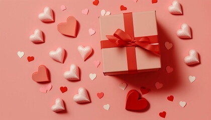 Valentines Gift with Hearts. Top View. Generative AI