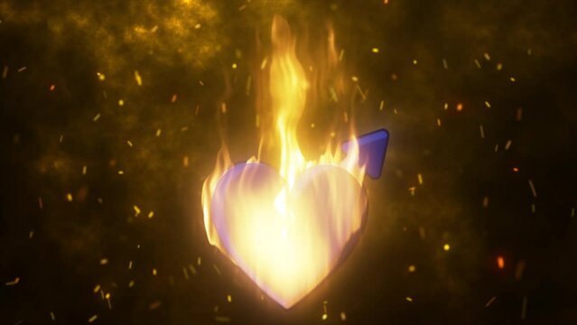 Abstract fiery burning in flame loving heart male symbol astronomical symbol of Mars for valentine's day on the background of sparks. Video 4k, motion design