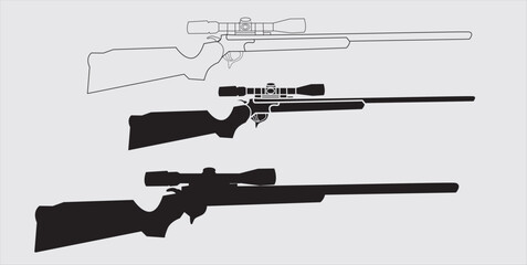 Collection of rifle vector silhouette illustration isolated on white background. Sniper rifle symbol silhouette, semi automatic, carbine.