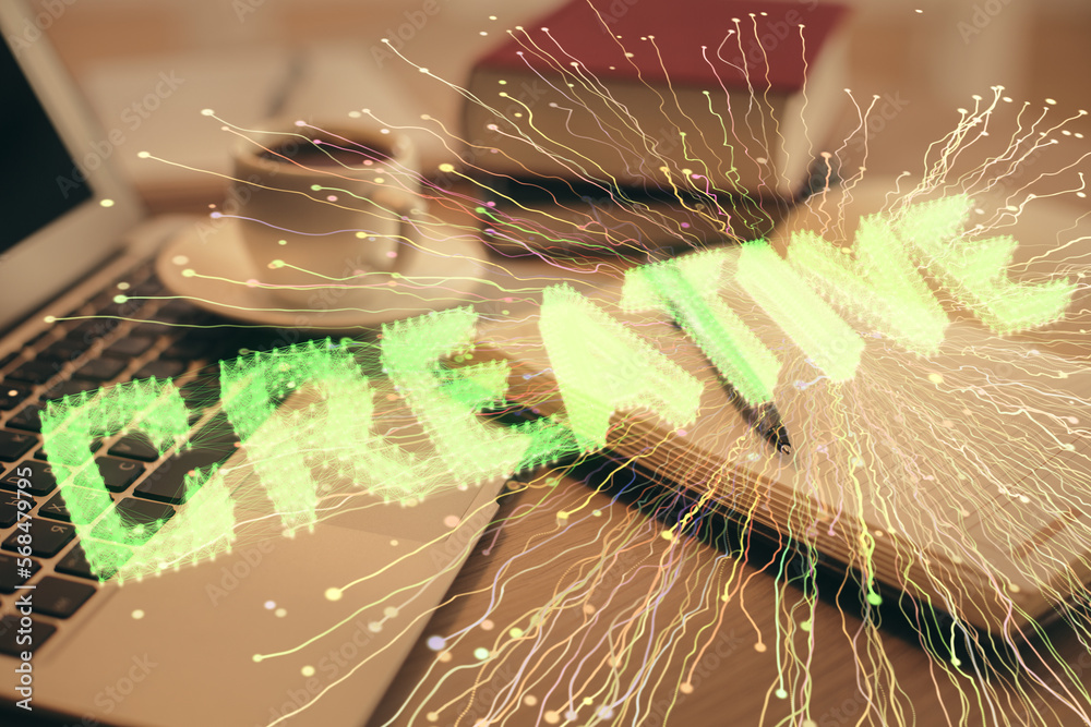Poster double exposure of creative drawing and desktop with coffee and items on table background. concept o