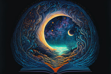 wonderful oil painting The universe's large, gorgeous moon is surrounded by stars. Fine art painting with a fantastical cosmic theme illustrative book artwork. Generative AI