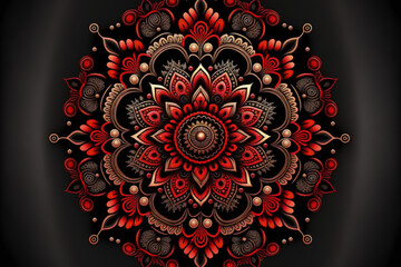 Mandala in red and black. Design template for Alpona. Generative AI
