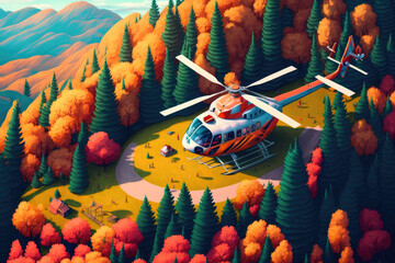 Autumn in the Carpathians, Ukraine. Beech and coniferous forests are picturesque and colorful, oil bases and hydrocarbon pumps are ready for winter, helicopter bird's eye view. Generative AI