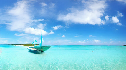 photorealistic panorama view illustration of idyllic beach with boat and with blue water and blue sky with white clouds during holiday season, generative ai