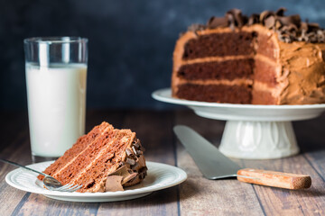 A slice of moist and delicious chocolate cake served with a cold glass of milk.