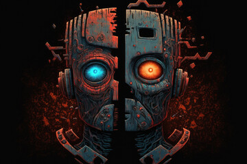 Two robot faces with red rusting decaying skin showing old technology. Black background space for text. Generative AI
