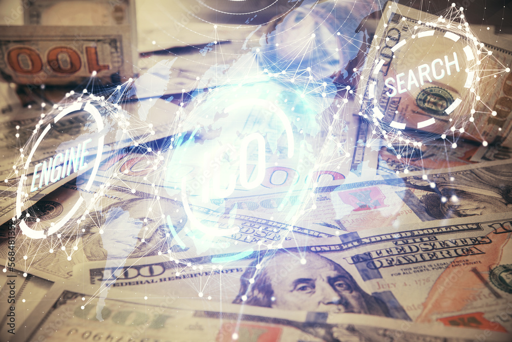 Poster multi exposure of crypto theme drawing over us dollars bill background. concept of blockchain succes