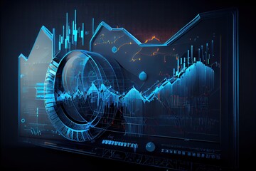 Generative AI illustration of financial charts, futuristic, silhouette crypto currency market, isometric, blue background