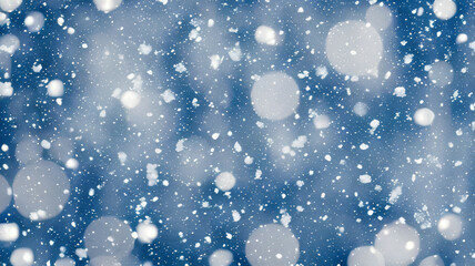 Fototapeta na wymiar christmas winter snow illustration with beautiful light and snow flakes on blue bokeh background with free copy space for banner format design, generative ai