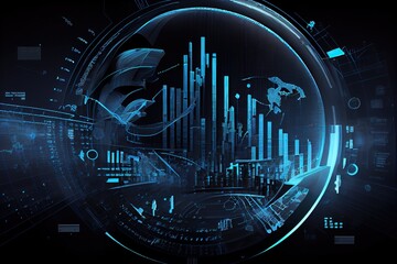 Generative AI illustration of financial charts, futuristic, silhouette crypto currency market, isometric, blue background