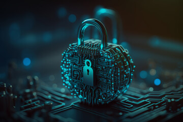 Cyber security concept and digital data protection with a locker in a blue background created with a generative ai technology