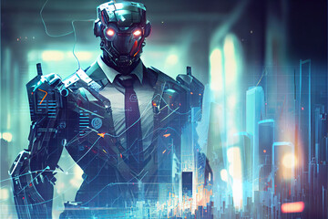 Generative AI illustration of business robotic wear vest suit and tie, blur city background, data analyst, economic graphs, charts, crypto data, glass windows and buildings, skyscrapers, towers