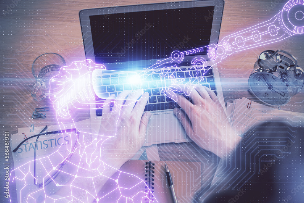Poster Double exposure of man's hands typing over computer keyboard and virtual reality hologram drawing. Top view. Technology concept. Future.