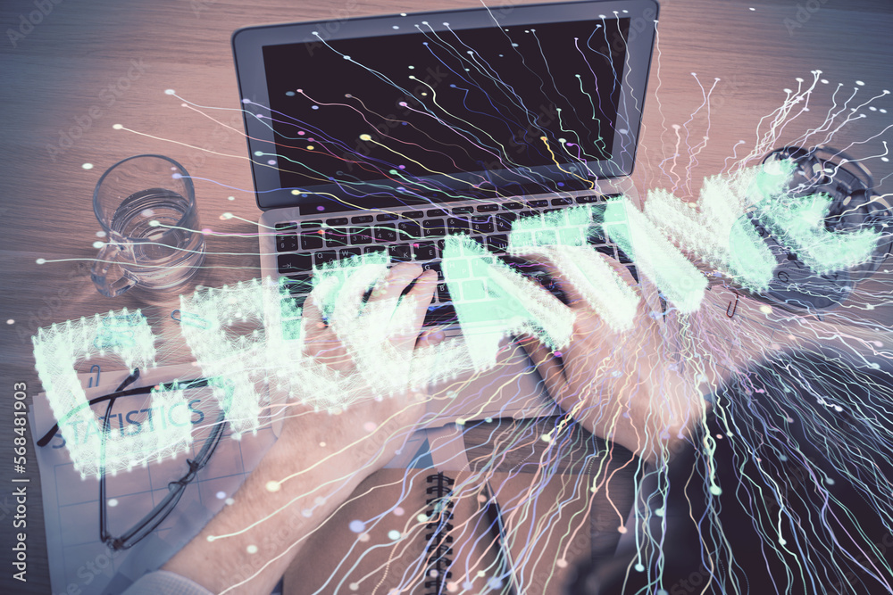 Poster Double exposure of man's hands typing over computer keyboard and conceptual start up theme drawing. Top view.