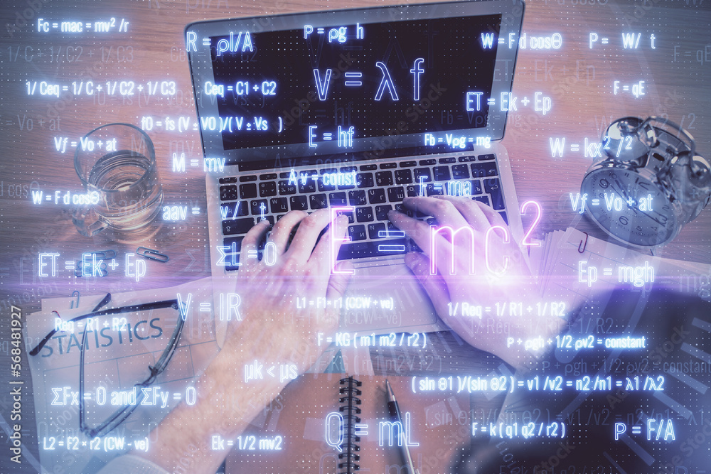 Aufkleber double exposure of man's hands typing over computer keyboard and formula hologram drawing. top view.