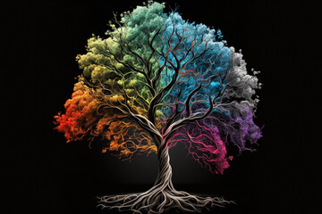 fantastic rainbow tree on black background, AI generate