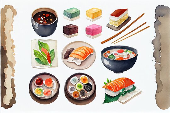 Generative AI illustration of knolling japanese cuisine food, watercolor paint style, set of asian food