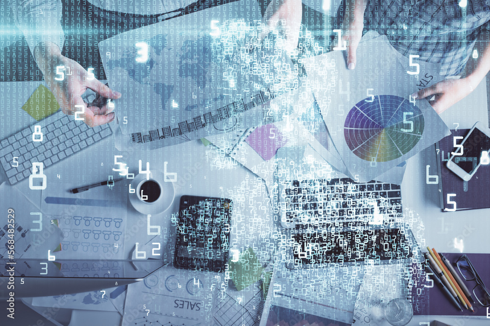 Poster double exposure of man and woman working together and data theme hologram drawing. computer backgrou
