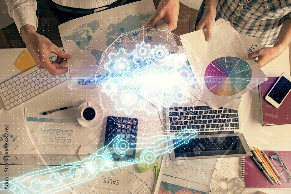 Poster double exposure of man and woman working together and data theme hologram drawing. computer backgrou