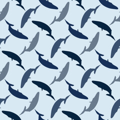 Blue whale vector seamless pattern