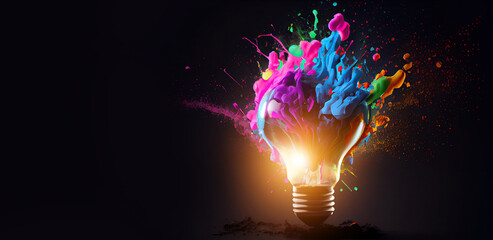 Generative AI illustration of bright idea for business, education, star up growth, light bulbs on dark background, idea concept