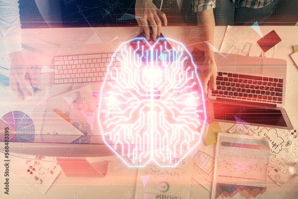 Poster double exposure of man and woman working together and brain drawing hologram. intellectual brainstor